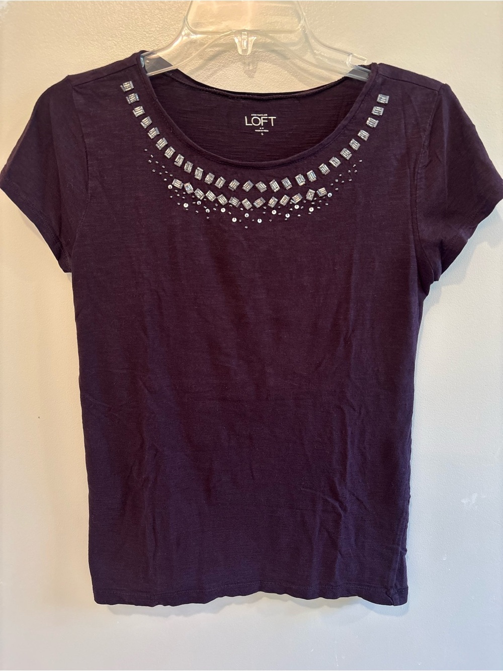 Ann Taylor LOFT Purple Embellished Scoop Neck Top